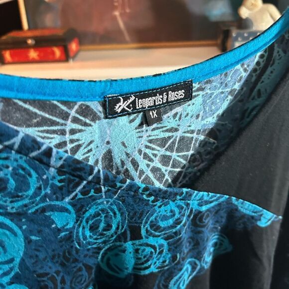 Leopards & Roses Elegant Boho Asymmetrical Black and Blue Dress XL - Picture 9 of 16